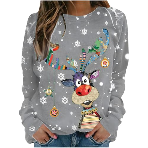 Hässliche Weihnachtspullover Weihnachtspullover Damen Lustige Weihnachten Ugly Sweatshirt Baumwolle Pulli Basic Rundhals Hirschkopf Muster Weihnachtskostüm von UXSELKCD