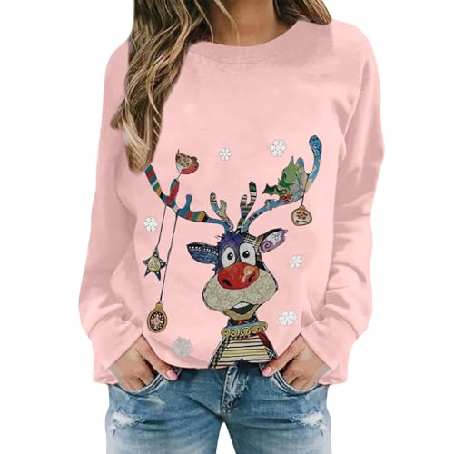 Hässliche Weihnachtspullover Weihnachtspullover Damen Lustige Weihnachten Ugly Sweatshirt Baumwolle Pulli Basic Rundhals Hirschkopf Muster Weihnachtskostüm von UXSELKCD