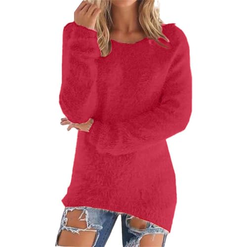 Oberteile damenUXSELKCD Pullover Damen Fleece Sweatshirts für Frauen Warm und Bequeme Einfarbig Langärm Freizeit Tops Weich Gemütlich Winter Plüsch Sweatshirt (Red, S) von UXSELKCD