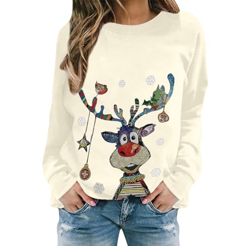 Pullover Damen Weihnachtspullover Damen Lustige Weihnachten Ugly Sweatshirt Baumwolle Pulli Basic Rundhals Hirschkopf Muster Weihnachtskostüm von UXSELKCD