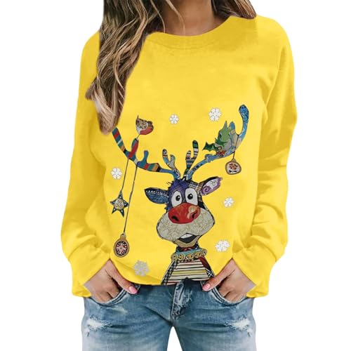 Pullover Damen Weihnachtspullover Damen Lustige Weihnachten Ugly Sweatshirt Baumwolle Pulli Basic Rundhals Hirschkopf Muster Weihnachtskostüm von UXSELKCD