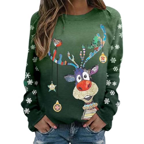 Pullover Damen Weihnachtspullover Damen Lustige Weihnachten Ugly Sweatshirt Baumwolle Pulli Basic Rundhals Hirschkopf Muster Weihnachtskostüm von UXSELKCD