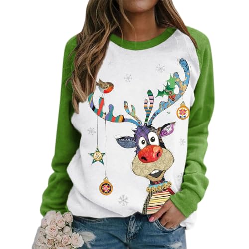 Pullover Damen Weihnachtspullover Damen Lustige Weihnachten Ugly Sweatshirt Baumwolle Pulli Basic Rundhals Hirschkopf Muster Weihnachtskostüm von UXSELKCD
