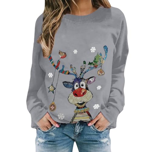 Pullover Damen Weihnachtspullover Damen Lustige Weihnachten Ugly Sweatshirt Baumwolle Pulli Basic Rundhals Hirschkopf Muster Weihnachtskostüm von UXSELKCD
