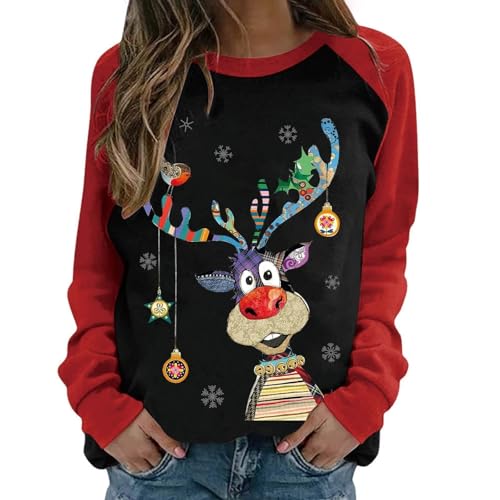 Pullover für Damen Weihnachtspullover Damen Lustige Weihnachten Ugly Sweatshirt Baumwolle Pulli Basic Rundhals Hirschkopf Muster Weihnachtskostüm von UXSELKCD