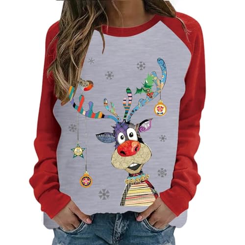 Pullover für Damen Weihnachtspullover Damen Lustige Weihnachten Ugly Sweatshirt Baumwolle Pulli Basic Rundhals Hirschkopf Muster Weihnachtskostüm von UXSELKCD