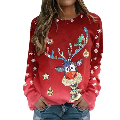 Pullover für Damen Weihnachtspullover Damen Lustige Weihnachten Ugly Sweatshirt Baumwolle Pulli Basic Rundhals Hirschkopf Muster Weihnachtskostüm von UXSELKCD