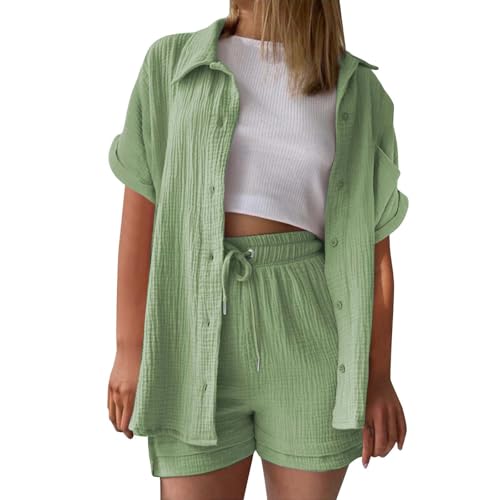 Sommer Outfits Damen, musselin Bluse Damen leinen Shirt Zweiteiler Outfits Set 2 teiler Kleidung Oversized Loungewear für Clothes Pyjama elegant Summer Two Piece Kleid Suits von UXSELKCD