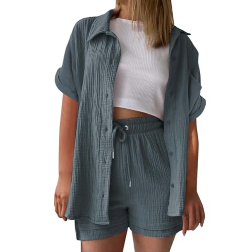 Sommer Outfits Damen, musselin Bluse Damen leinen Shirt Zweiteiler Outfits Set 2 teiler Kleidung Oversized Loungewear für Clothes Pyjama elegant Summer Two Piece Kleid Suits von UXSELKCD