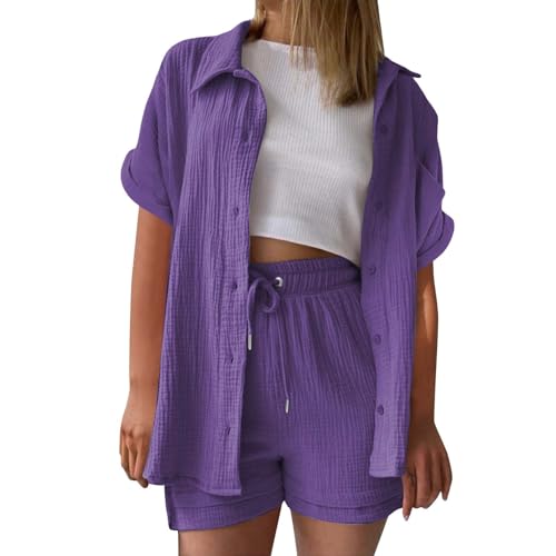 Sommer Outfits Damen, musselin Bluse Damen leinen Shirt Zweiteiler Outfits Set 2 teiler Kleidung Oversized Loungewear für Clothes Pyjama elegant Summer Two Piece Kleid Suits von UXSELKCD