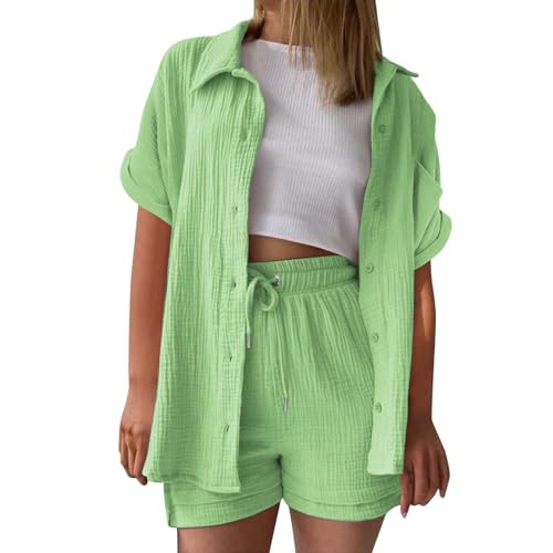 Sommer Outfits Damen, musselin Bluse Damen leinen Shirt Zweiteiler Outfits Set 2 teiler Kleidung Oversized Loungewear für Clothes Pyjama elegant Summer Two Piece Kleid Suits von UXSELKCD