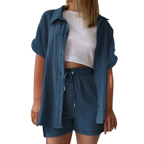 Sommer Outfits Damen, musselin Bluse Damen leinen Shirt Zweiteiler Outfits Set 2 teiler Kleidung Oversized Loungewear für Clothes Pyjama elegant Summer Two Piece Kleid Suits von UXSELKCD