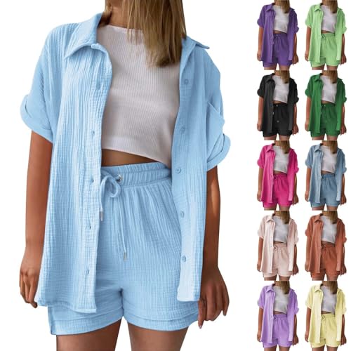 Tshirt Damen,musselin Bluse Damen leinen Shirt Zweiteiler Outfits Set 2 teiler Kleidung Oversized Loungewear für Clothes Pyjama elegant Summer Two Piece Kleid Suits musselin von UXSELKCD