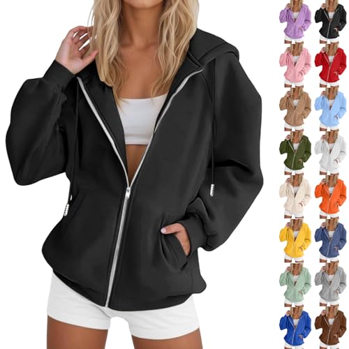 UXSELKCD Damen Pullover Kapuzenpullover Frauen Baumwolle Long Loose Fit Freizeit Sport Reißverschluss Jacke (b-Black, S) von UXSELKCD