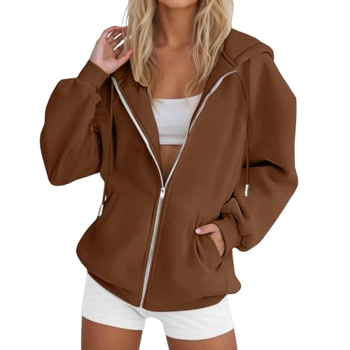 UXSELKCD Kapuzenpullover Damen Kapuzenpullover Frauen Baumwolle Long Loose Fit Freizeit Sport Reißverschluss Jacke (a-Coffee, XXL) von UXSELKCD