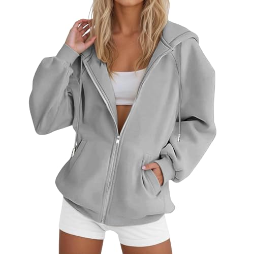 UXSELKCD Kapuzenpullover Damen Kapuzenpullover Frauen Baumwolle Long Loose Fit Freizeit Sport Reißverschluss Jacke (a-Grey, S) von UXSELKCD