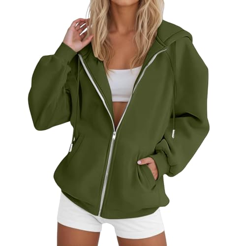 UXSELKCD Kapuzenpullover Damen Kapuzenpullover Frauen Baumwolle Long Loose Fit Freizeit Sport Reißverschluss Jacke (b-Green, XXL) von UXSELKCD