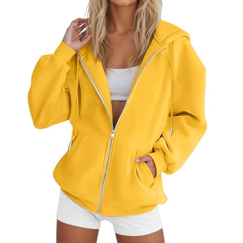 UXSELKCD Sweatshirt Damen Kapuzenpullover Frauen Baumwolle Long Loose Fit Freizeit Sport Reißverschluss Jacke (a-Yellow, XL) von UXSELKCD