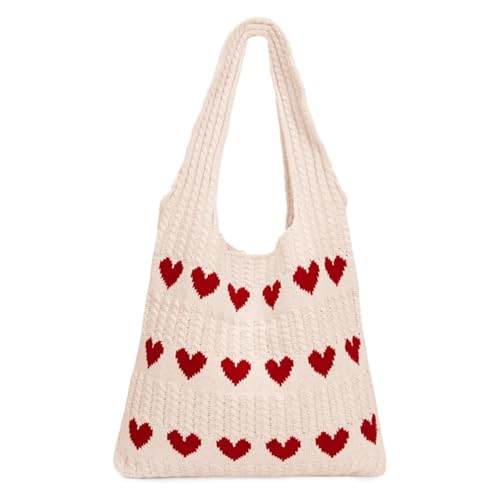 UXSELKCD business taschen damen Damen Herz Bag Strick Einkaufstasche Gehäkelte Umhängetasche Liebes Herz Muster Handtaschen Strandtasche Mädchen Alltägliche Stricktasche Trageriemen (Beige, One Size) von UXSELKCD