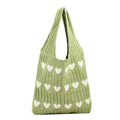 UXSELKCD handtaschen damen Damen Herz Bag Strick Einkaufstasche Gehäkelte Umhängetasche Liebes Herz Muster Handtaschen Strandtasche Mädchen Alltägliche Stricktasche Trageriemen (Green, One Size) von UXSELKCD