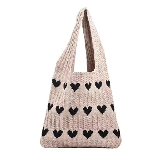 UXSELKCD sommertaschen damen Damen Herz Bag Strick Einkaufstasche Gehäkelte Umhängetasche Liebes Herz Muster Handtaschen Strandtasche Mädchen Alltägliche Stricktasche Trageriemen (Khaki, One Size) von UXSELKCD