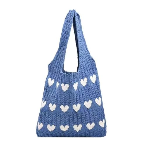 UXSELKCD umhängetaschen damen Damen Herz Bag Strick Einkaufstasche Gehäkelte Umhängetasche Liebes Herz Muster Handtaschen Strandtasche Mädchen Alltägliche Stricktasche Trageriemen (Blue, One Size) von UXSELKCD