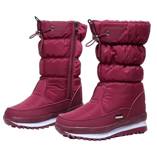 UXSELKCD winterschuhe mädchen Winterschuhe Gefüttert Wasserdicht Warme Modische Plateau Schneestiefel für Damen und Mittlere Baumwollstiefel mit Seitlichem Reißverschluss Stiefel (Red, 40) von UXSELKCD
