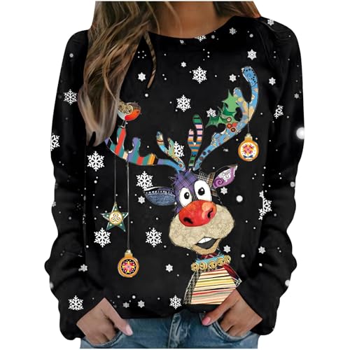 Ugly Christmas Sweater Damen Weihnachtspullover Damen Lustige Weihnachten Ugly Sweatshirt Baumwolle Pulli Basic Rundhals Hirschkopf Muster Weihnachtskostüm von UXSELKCD