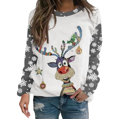 Ugly Christmas Sweater Damen Weihnachtspullover Damen Lustige Weihnachten Ugly Sweatshirt Baumwolle Pulli Basic Rundhals Hirschkopf Muster Weihnachtskostüm von UXSELKCD
