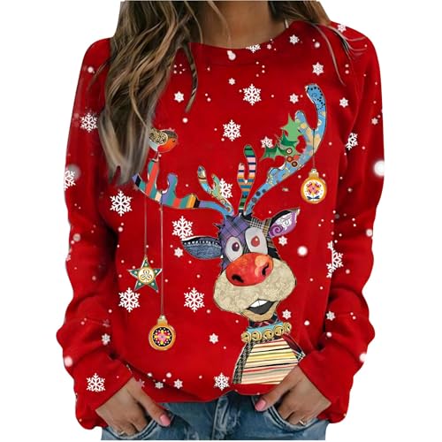 Ugly Christmas Sweater Damen Weihnachtspullover Damen Lustige Weihnachten Ugly Sweatshirt Baumwolle Pulli Basic Rundhals Hirschkopf Muster Weihnachtskostüm von UXSELKCD