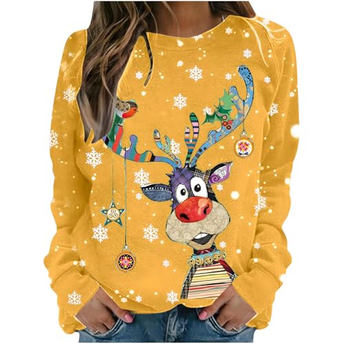 Ugly Christmas Sweater Damen Weihnachtspullover Damen Lustige Weihnachten Ugly Sweatshirt Baumwolle Pulli Basic Rundhals Hirschkopf Muster Weihnachtskostüm von UXSELKCD