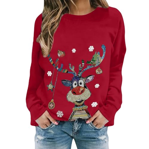 Weihnachtskleid Damen Weihnachtspullover Damen Lustige Weihnachten Ugly Sweatshirt Baumwolle Pulli Basic Rundhals Hirschkopf Muster Weihnachtskostüm von UXSELKCD