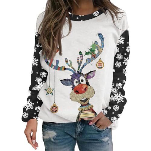 Weihnachtspulli Damen Weihnachtspullover Damen Lustige Weihnachten Ugly Sweatshirt Baumwolle Pulli Basic Rundhals Hirschkopf Muster Weihnachtskostüm von UXSELKCD