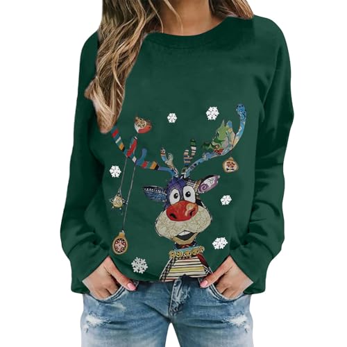 UXSELKCD Weihnachtspulli Damen Weihnachtspullover Damen Lustige Weihnachten Ugly Sweatshirt Baumwolle Pulli Basic Rundhals Hirschkopf Muster Weihnachtskostüm von UXSELKCD