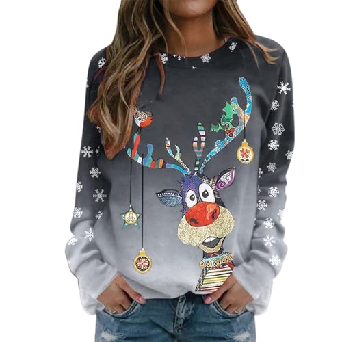 Weihnachtspulli Damen Weihnachtspullover Damen Lustige Weihnachten Ugly Sweatshirt Baumwolle Pulli Basic Rundhals Hirschkopf Muster Weihnachtskostüm von UXSELKCD