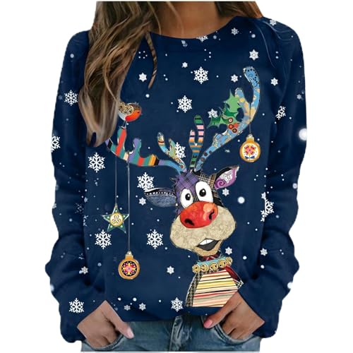 Weihnachtspulli Damen Weihnachtspullover Damen Lustige Weihnachten Ugly Sweatshirt Baumwolle Pulli Basic Rundhals Hirschkopf Muster Weihnachtskostüm von UXSELKCD