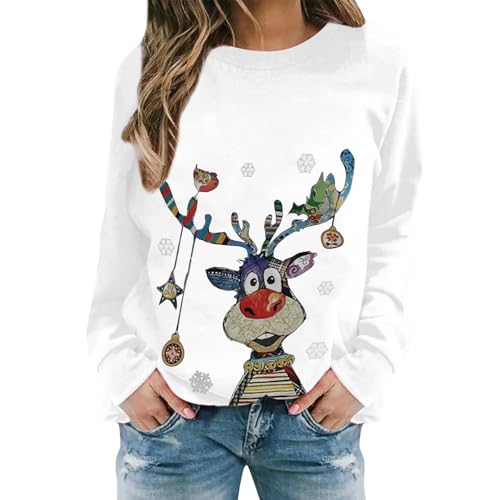 Weihnachtspulli Damen Weihnachtspullover Damen Lustige Weihnachten Ugly Sweatshirt Baumwolle Pulli Basic Rundhals Hirschkopf Muster Weihnachtskostüm von UXSELKCD