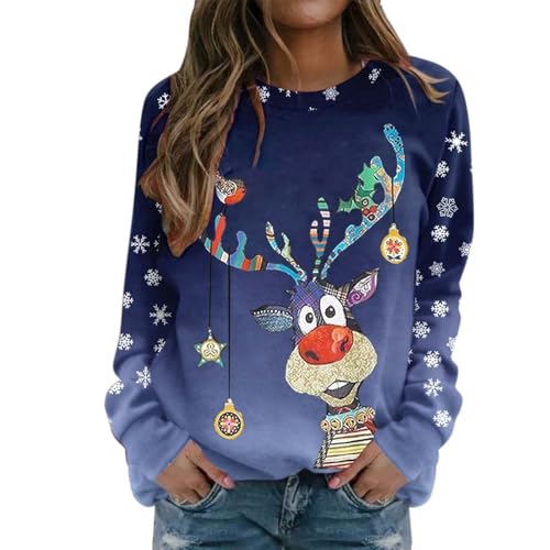 Weihnachtspullover Damen Weihnachtspullover Damen Lustige Weihnachten Ugly Sweatshirt Baumwolle Pulli Basic Rundhals Hirschkopf Muster Weihnachtskostüm von UXSELKCD