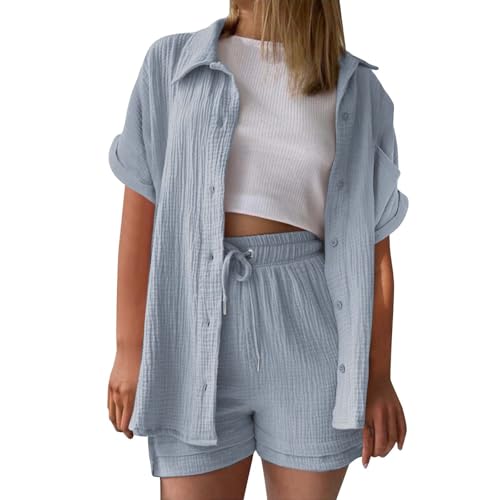 Zweiteiler Damen, musselin Bluse Damen leinen Shirt Zweiteiler Outfits Set 2 teiler Kleidung Oversized Loungewear für Clothes Pyjama elegant Summer Two Piece Kleid Suits von UXSELKCD