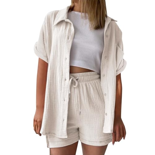 Zweiteiler Damen Sommer, musselin Bluse Damen leinen Shirt Zweiteiler Outfits Set 2 teiler Kleidung Oversized Loungewear für Clothes Pyjama elegant Summer Two Piece Kleid Suits von UXSELKCD