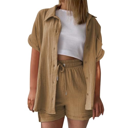 Zweiteiler Damen Sommer, musselin Bluse Damen leinen Shirt Zweiteiler Outfits Set 2 teiler Kleidung Oversized Loungewear für Clothes Pyjama elegant Summer Two Piece Kleid Suits von UXSELKCD