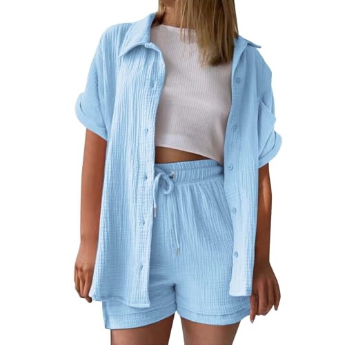 Zweiteiler Damen Sommer, musselin Bluse Damen leinen Shirt Zweiteiler Outfits Set 2 teiler Kleidung Oversized Loungewear für Clothes Pyjama elegant Summer Two Piece Kleid Suits von UXSELKCD