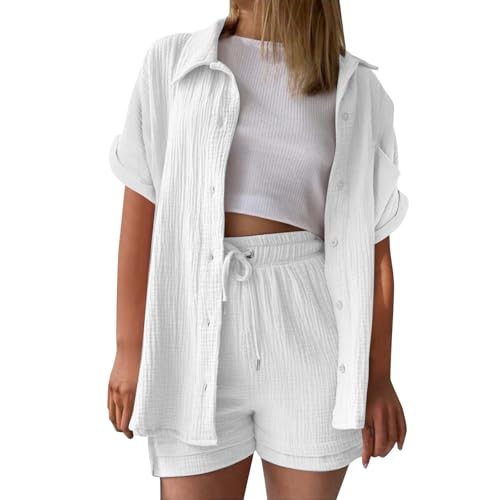 Zweiteiler Damen Sommer, musselin Bluse Damen leinen Shirt Zweiteiler Outfits Set 2 teiler Kleidung Oversized Loungewear für Clothes Pyjama elegant Summer Two Piece Kleid Suits von UXSELKCD