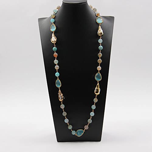 UYCUODLUY 34'' Faceted Round Blue Fire Agate Gold Edge Plated White Pearl Blue Crystal Long Necklace Sweater chain For Women von UYCUODLUY