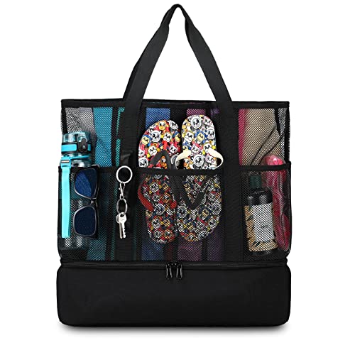 UYLIA 8 Taschen Tote Mesh Strandtasche Damen Groß Faltbare mit Wasserdichter Kühltasche für Spielzeugaufbewahrung Strand Reise Picknick, Shopper Handtasche Badetasche Umhängetasche von UYLIA