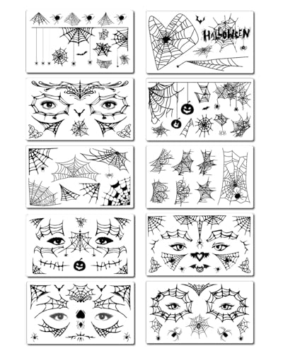UYRVAPE 10 Blätter Gruselig Schminke Gesichtstattoo Halloween Kostüm Frauen Männer Erwachsene Fake Gesicht Spinnennetz Temporäre Tattoos Party Zubehör Accessoires von UYRVAPE
