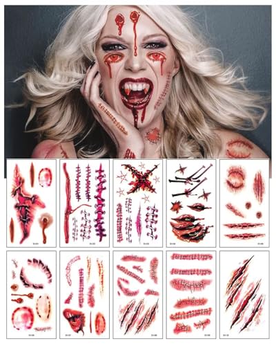 UYRVAPE 10 Blatt Temporäre Tattoos, Halloween Zombie Scars Tattoos Aufkleber mit gefälschten Scab Blut Spezial Fx Kostüm Makeup Stützen von UYRVAPE