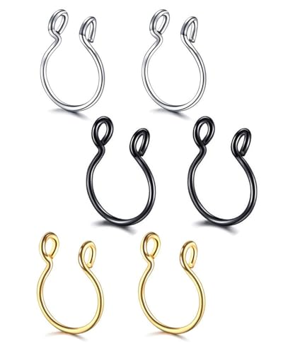 UYRVAPE 6pcs Fake Nasenringe Nasenpiercing Nasenring Edelstahl Nasenring Öffnung Nasenclip Nasenpiercing Nasenbesatz für Männer und Frauen, Schwarz/Argent/Gold von UYRVAPE