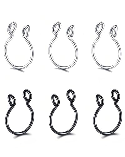 UYRVAPE 6pcs Fake Nasenringe Nasenpiercing Nasenring Edelstahl Nasenring Öffnung Nasenclip Nasenpiercing Nasenbesatz für Männer und Frauen, Schwarz/Argent von UYRVAPE