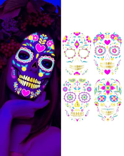 UYRVAPE Halloween Tattoo Aufkleber Gesicht - Leuchtend Dia De Los Muertos Gesichtstattoo Kostüm Herren Damen Schminke Accessoires Glow in the dark Tag Der Toten Skelett Temporäre Face Tattoos(4 PCS) von UYRVAPE